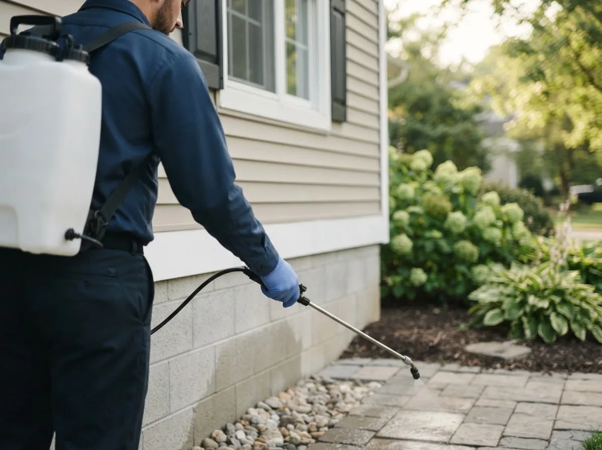 Pest control technician inspecting a home in Choctaw, OK